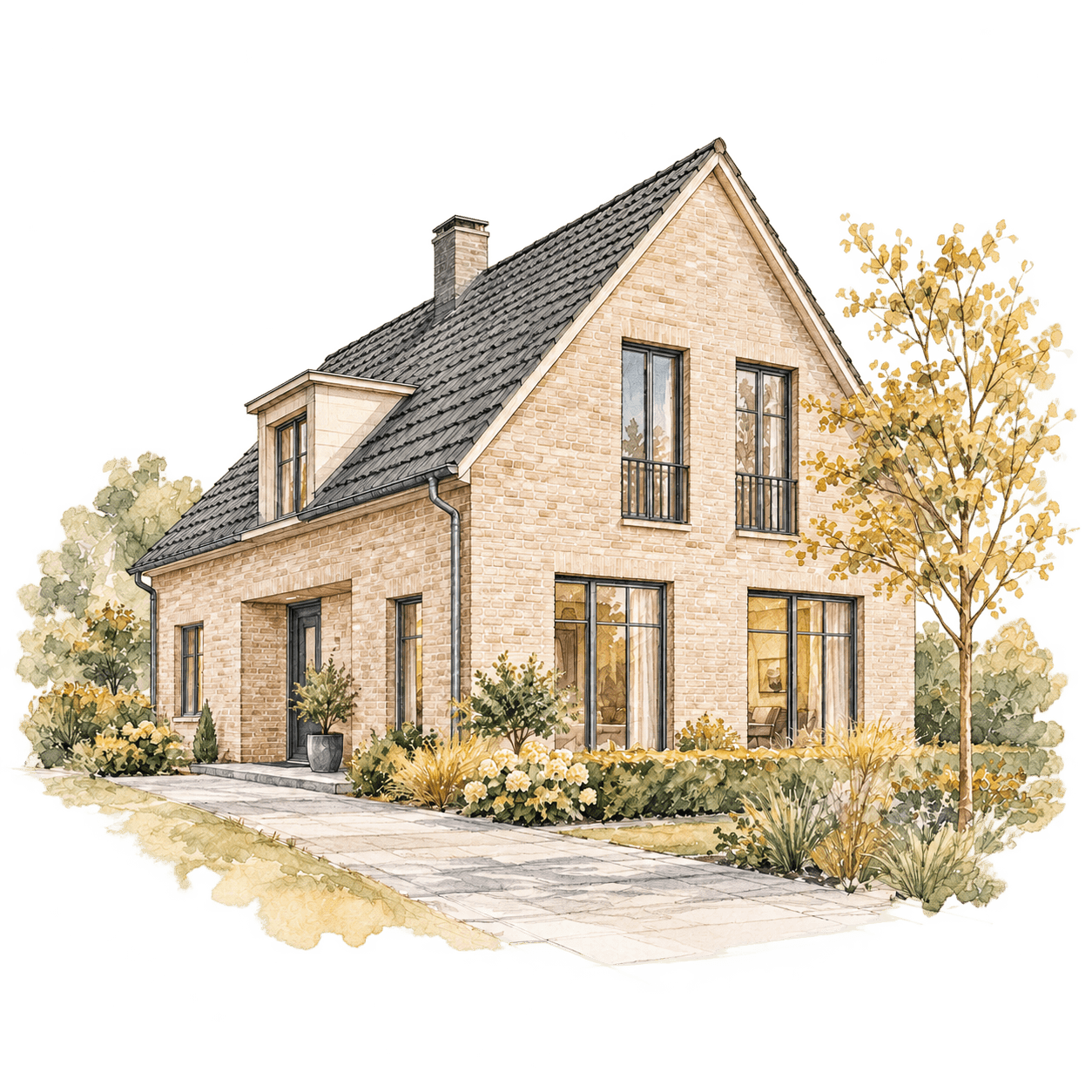 Dezente Architekturskizze eines Wohnhauses mit Satteldach und Garten in warmen Grau- und Sandtönen.